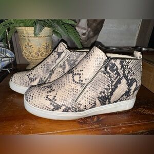 Time and Tru Beige and Black Snake-Print Wedge Booties